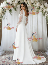 A-Line Square Neck Lace Long Sleeve Wedding Dress