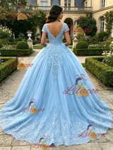 Blue Tulle V-neck Cap Sleeve Appliques Quinceanera Dress