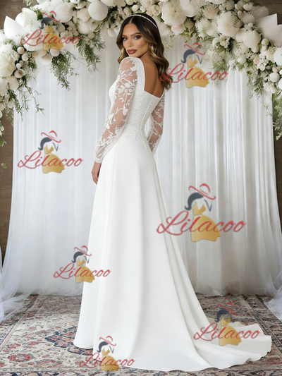 A-Line Square Neck Lace Long Sleeve Wedding Dress