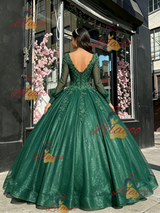 Green V-neck Long Sleeve Appliques Quinceanera Dress