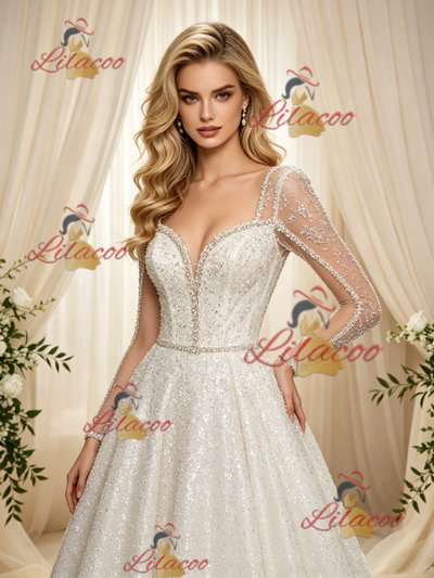 Long Sleeve Sequins Beading Wedding Dress