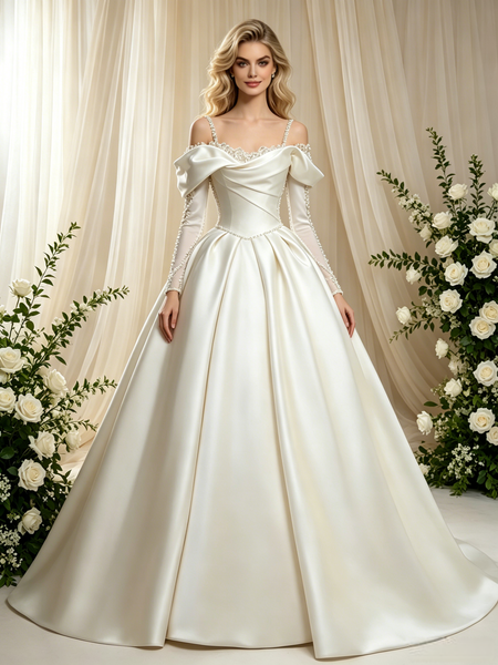 Ivory Satin Long Sleeve Straps Wedding Dress