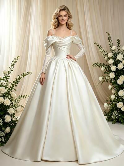 Ivory Satin Long Sleeve Straps Wedding Dress