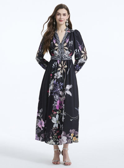 Retro Court Printed V-neck Dress