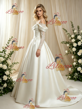 Ivory Satin Long Sleeve Straps Wedding Dress