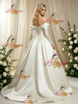 Ivory Satin Long Sleeve Straps Wedding Dress