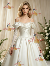 Ivory Satin Long Sleeve Straps Wedding Dress