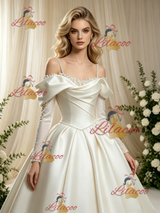 Ivory Satin Long Sleeve Straps Wedding Dress