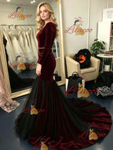 Burgundy Mermaid Velvet Long Sleeve Prom Dress