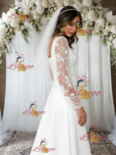 A-Line Square Neck Lace Long Sleeve Wedding Dress