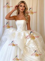 White Tulle Strapless Appliques Wedding Dress