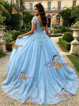 Blue Tulle V-neck Cap Sleeve Appliques Quinceanera Dress