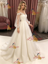White Tulle Long Sleeve Wedding Dress