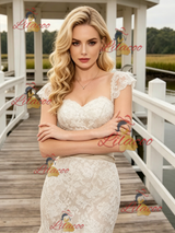Champagne Mermaid Lace Cap Sleeve Wedding Dress