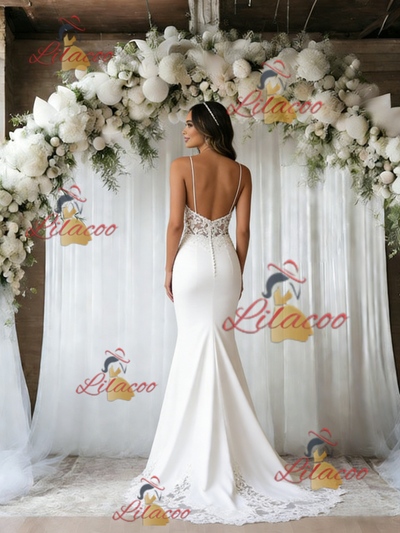 White Mermaid Spaghetti Straps Lace Wedding Dress
