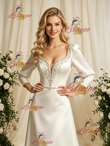Ivory Satin Long Sleeve Beading Wedding Dress