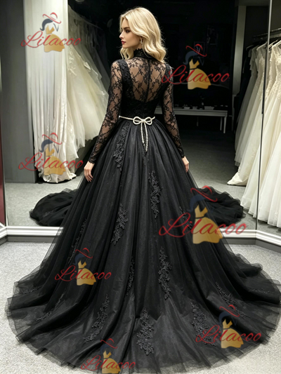 Black Tulle Long Sleeve Appliques Prom Dress