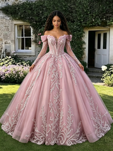 Pink Tulle Off the Shoulder Long Sleeve Quinceanera Dress
