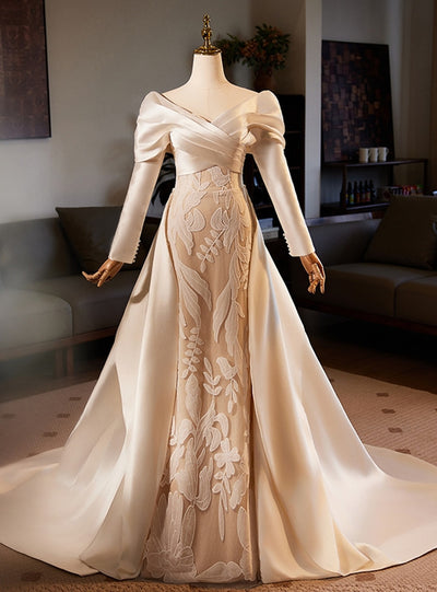 Champagne Satin Mermaid Long Sleeve Wedding Dress