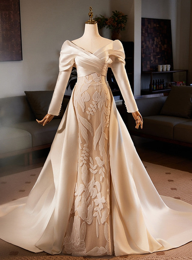 Champagne Satin Mermaid Long Sleeve Wedding Dress