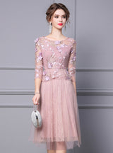 Pink Lace Short Sleeve Mother Of The Bride Dress