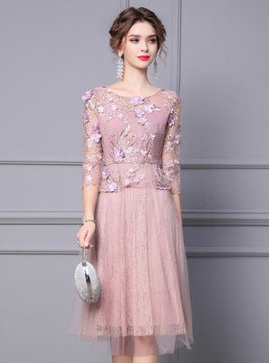 Pink Lace Short Sleeve Mother Of The Bride Dress