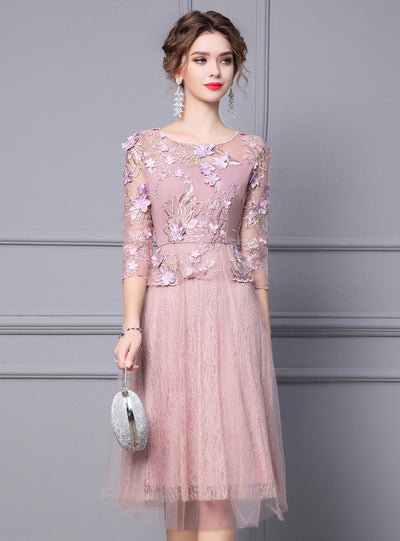 Pink Lace Short Sleeve Mother Of The Bride Dress