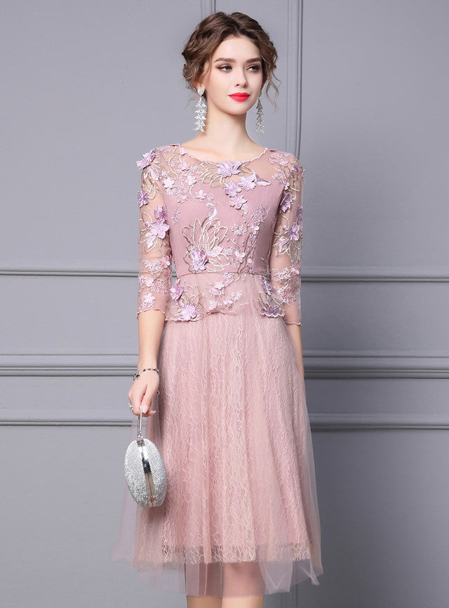 Pink Lace Short Sleeve Mother Of The Bride Dress