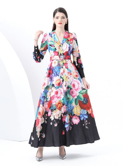 Long Sleeve V-neck Printed Dress