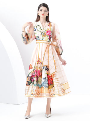 V-neck Lantern Sleeve Long Retro Print Dress