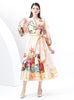 V-neck Lantern Sleeve Long Retro Print Dress