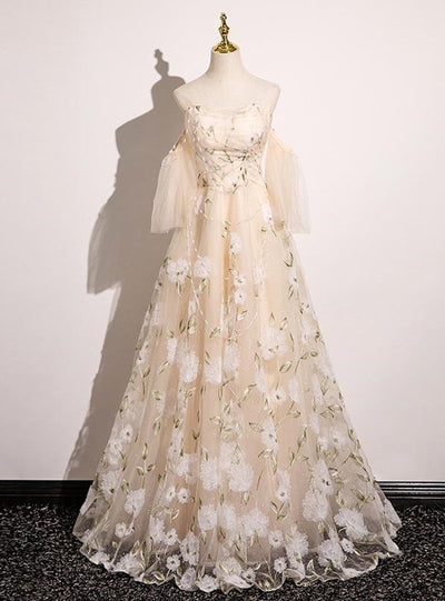Champagne Tulle Beading Prom Dress
