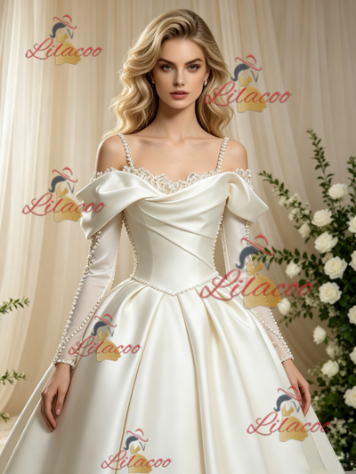 Ivory Satin Long Sleeve Straps Wedding Dress