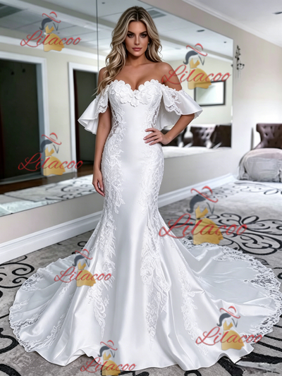White Mermaid Satin Off the Shoulder Lace Wedding Dress