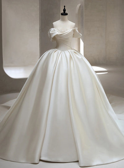 White Satin Off the Shoulder Wedding