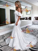 White Mermaid Satin Off the Shoulder Lace Wedding Dress