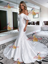 White Mermaid Satin Off the Shoulder Lace Wedding Dress