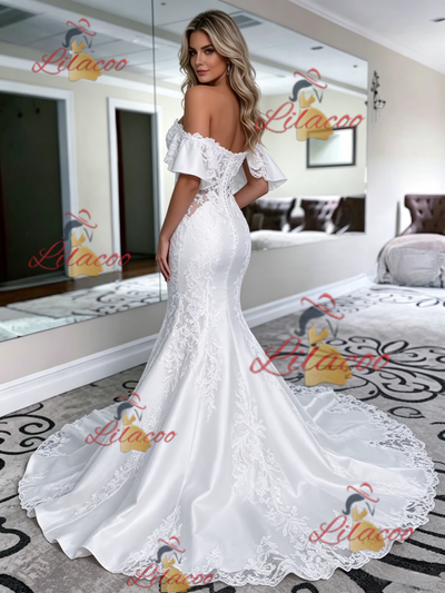 White Mermaid Satin Off the Shoulder Lace Wedding Dress