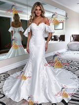 White Mermaid Satin Off the Shoulder Lace Wedding Dress