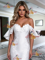 White Mermaid Satin Off the Shoulder Lace Wedding Dress