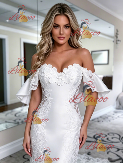 White Mermaid Satin Off the Shoulder Lace Wedding Dress