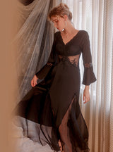 Deep V Neck Mesh Lace Nightdress with Chest Pad