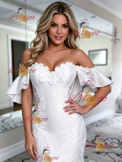 White Mermaid Satin Off the Shoulder Lace Wedding Dress