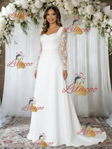 A-Line Square Neck Lace Long Sleeve Wedding Dress