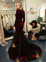 Burgundy Mermaid Velvet Long Sleeve Prom Dress