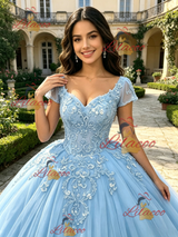 Blue Tulle V-neck Cap Sleeve Appliques Quinceanera Dress