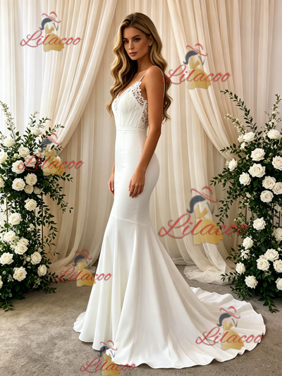 White Mermaid Spaghetti Straps Wedding Dress