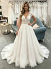 White Tulle V-neck Lace Cap Sleeve Wedding Dress