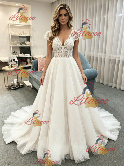 White Tulle V-neck Lace Cap Sleeve Wedding Dress