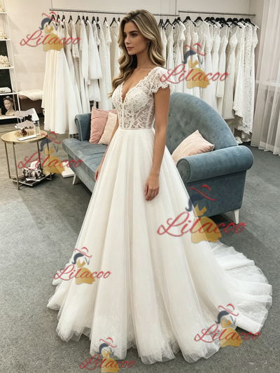 White Tulle V-neck Lace Cap Sleeve Wedding Dress